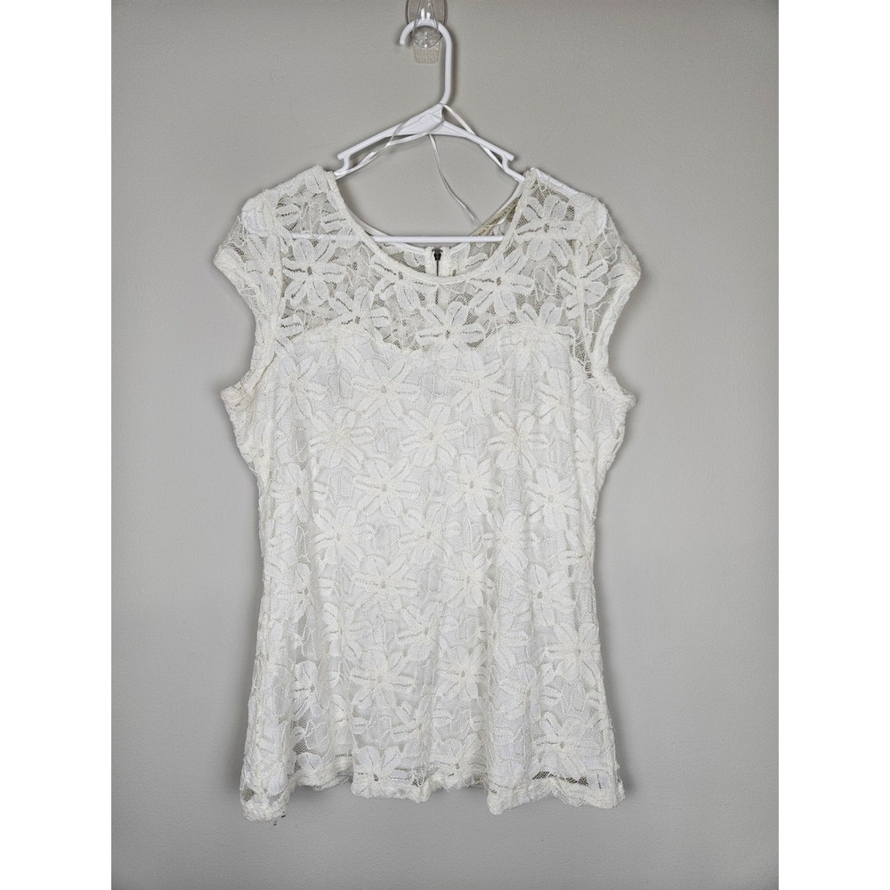 Maria Gabrielle Ivory Floral Lace Cap Sleeve Blouse Back Zip XL Off White Top